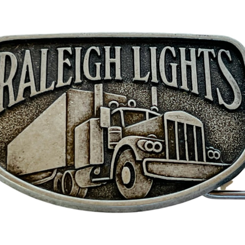 Vintage Belt Buckle Brass Bronze Raleigh Lights Semi Truck Big Rig tractor trail